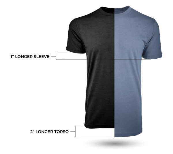 Compare T-shirts: our tall tee comes with a two-inch longer torso and one-inch longer sleeves.